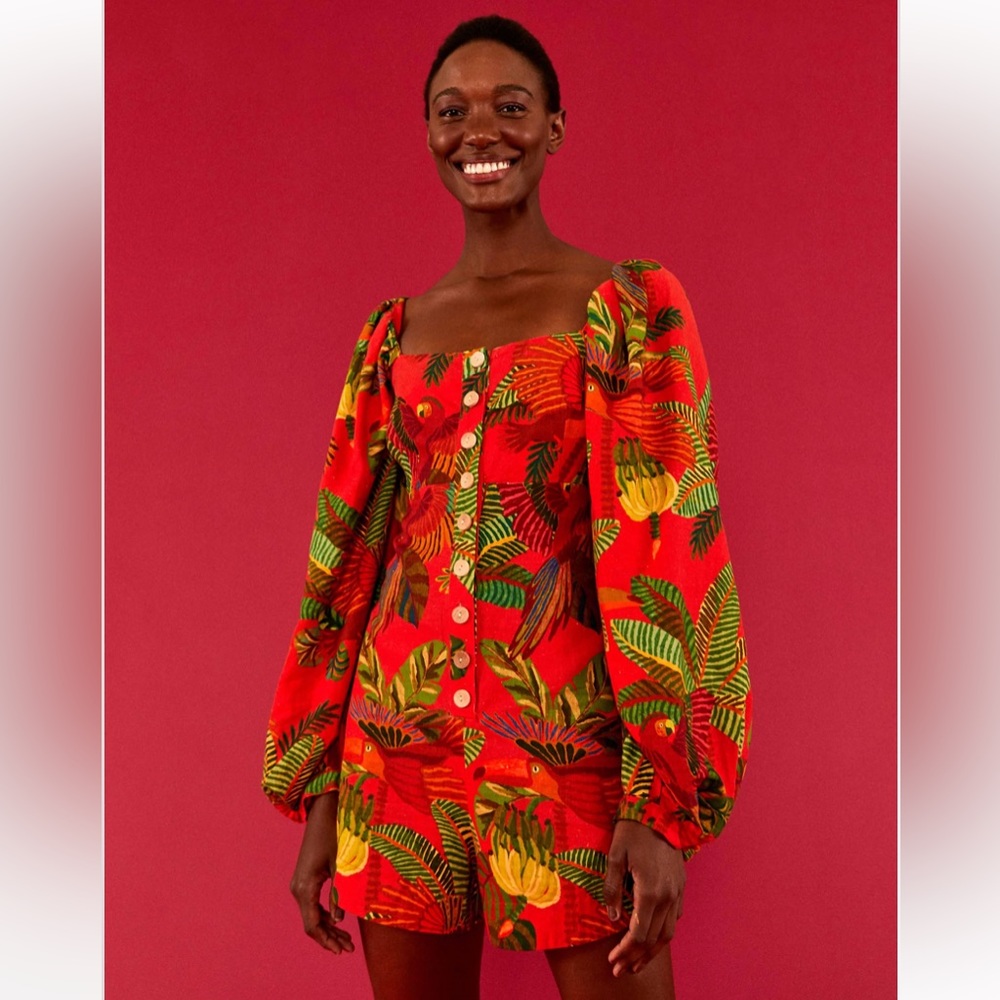 FARM RIO Red Forest Birds Romper (NWT)